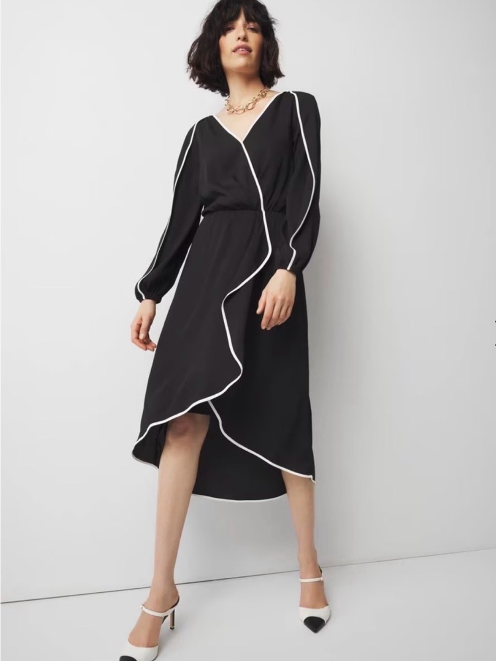 White House black market Black Wrap Midi Dress with White Piping size 4